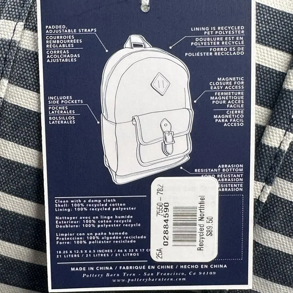 Pottery Barn Teen Recycled Northfield Backpack Navy Striped 18x13x6.7 New $90